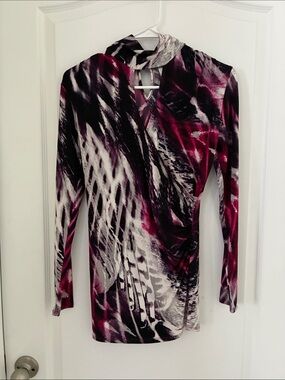 Cache Long Sleeve Abstract Wrap Top in Pink, Black & White